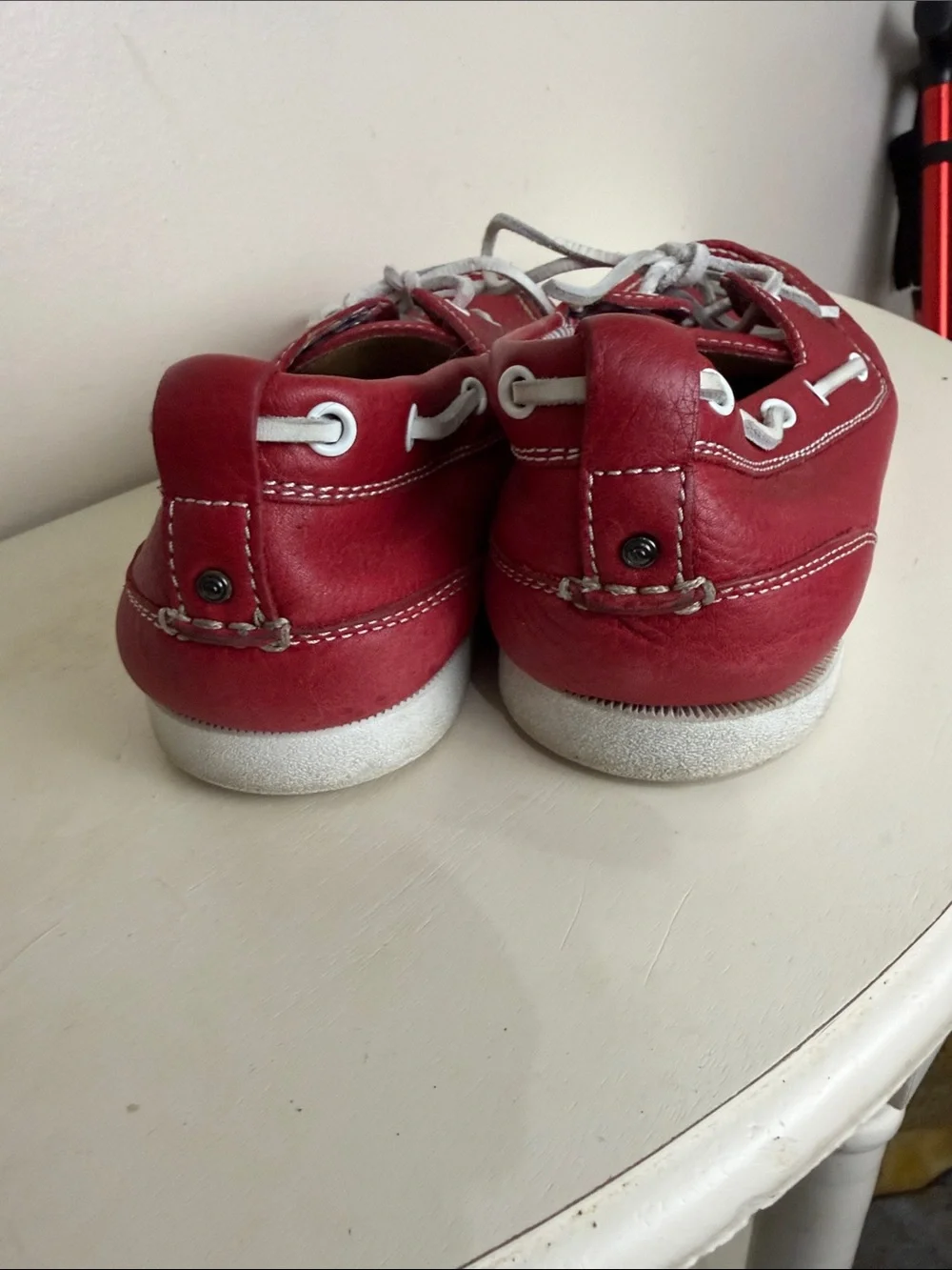 (2387) Rockport Men's Red Leather Boat Shoes - Casual Lace-Up, Size: 10